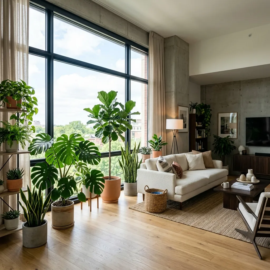 Lush indoor plants in a modern living room